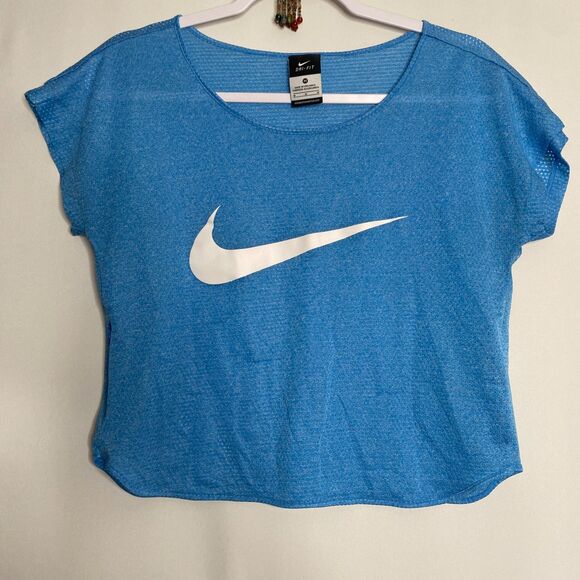 Nike Dri-Fit Blue Running Short-Sleeve Boxy Top Zip Pocket Size M - Picture 1 of 12